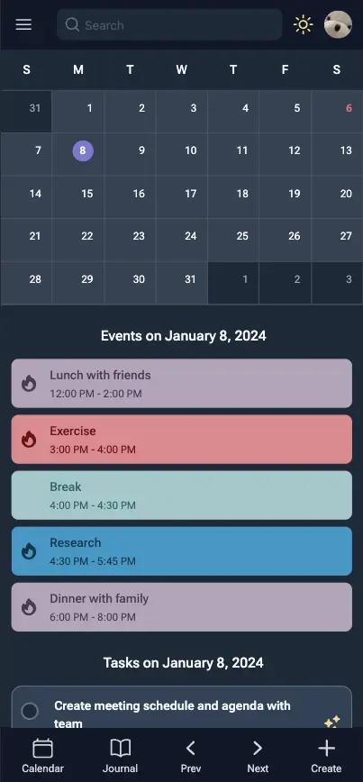 Screenshot of mobile calendar feature