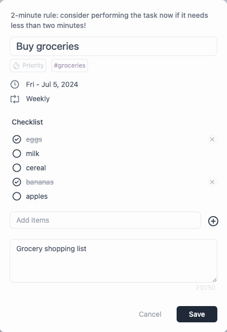 Example of a modal from tasks