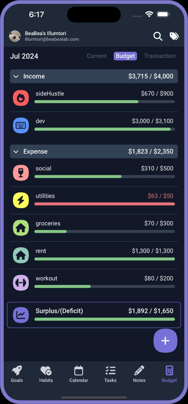 Screenshot of Budget on mobile