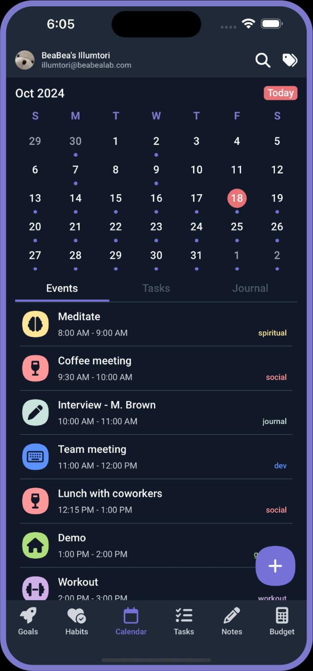 Screenshot of Calendar on mobile