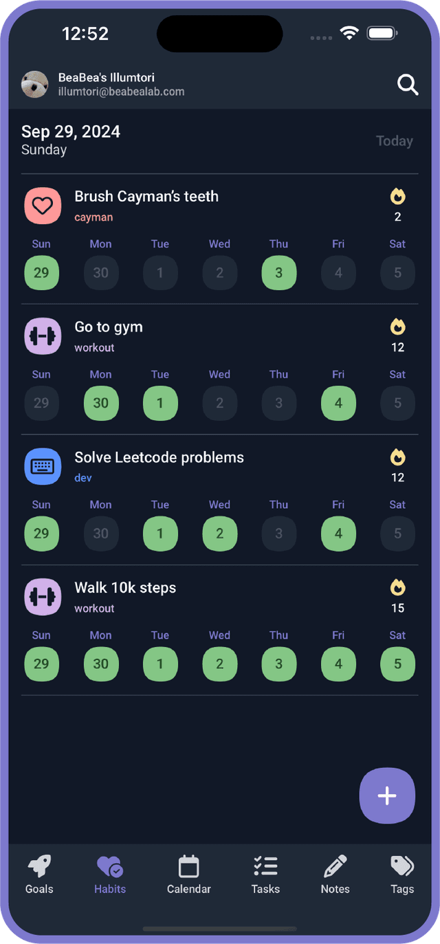 Screenshot of Habits on mobile