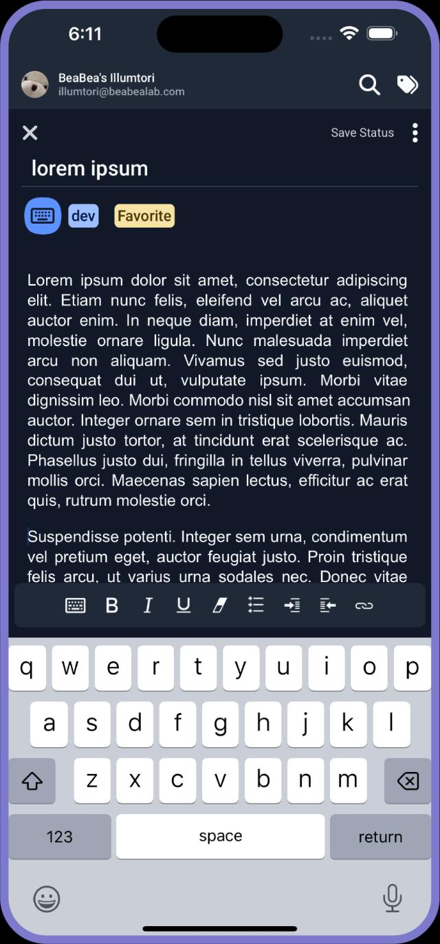 Screenshot of Notes on mobile