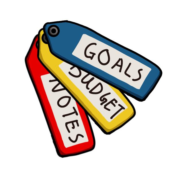 Colorful tags with labels of goals, budget, and notes