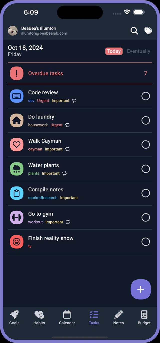 Screenshot of Tasks on mobile