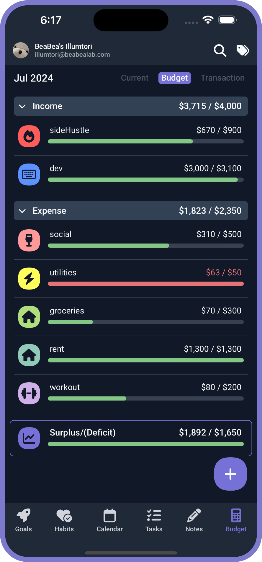 Screenshot of Budget on mobile