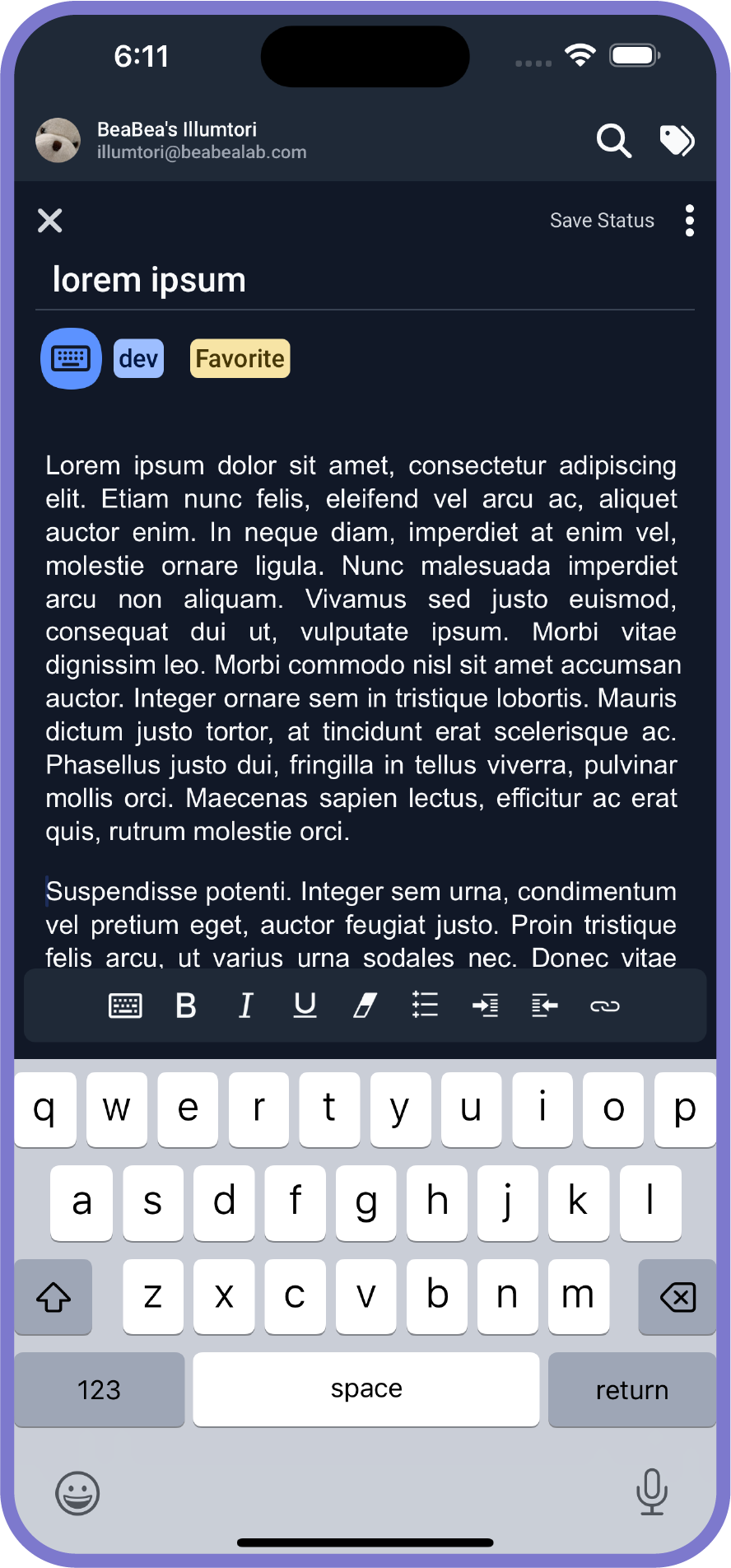 Screenshot of Notes on mobile