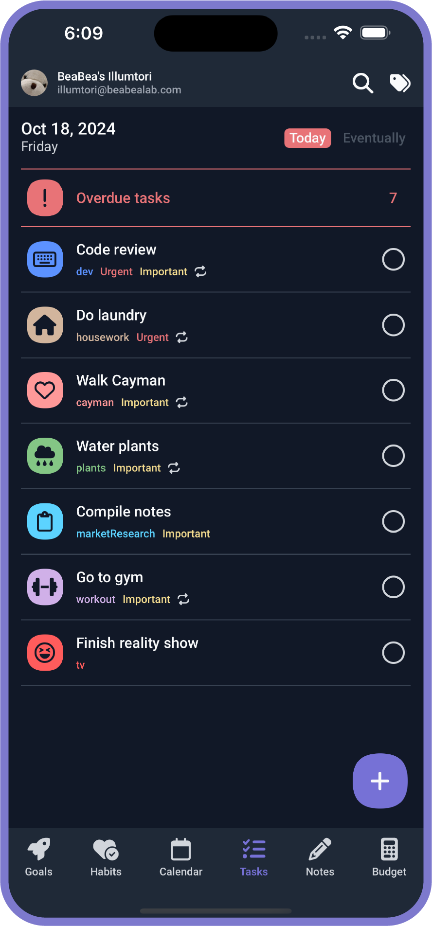 Screenshot of Tasks on mobile